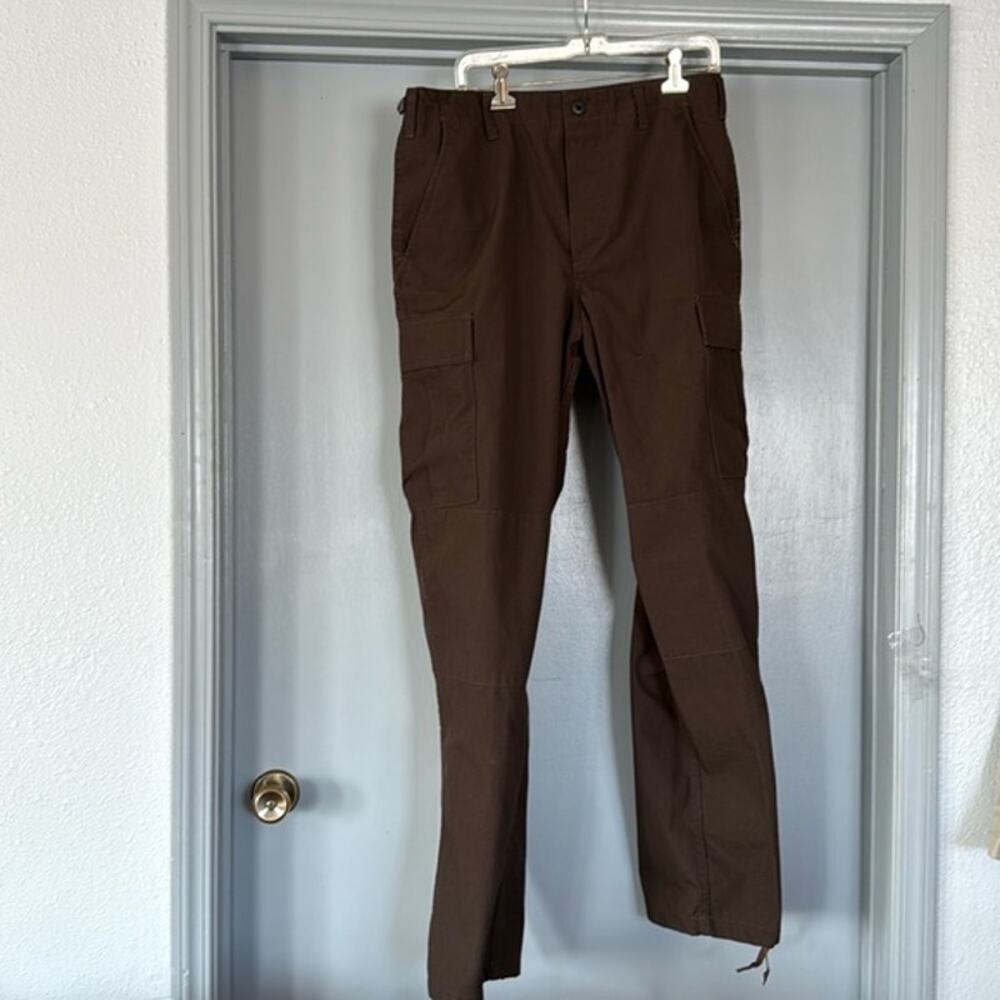 Mens Ripstop Tru-Spec Brown Cargo Pants Adjustable 35 M/L Button Fly Double Knee